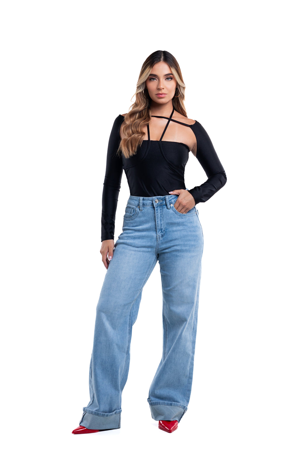 Jeans wide leg con doblez